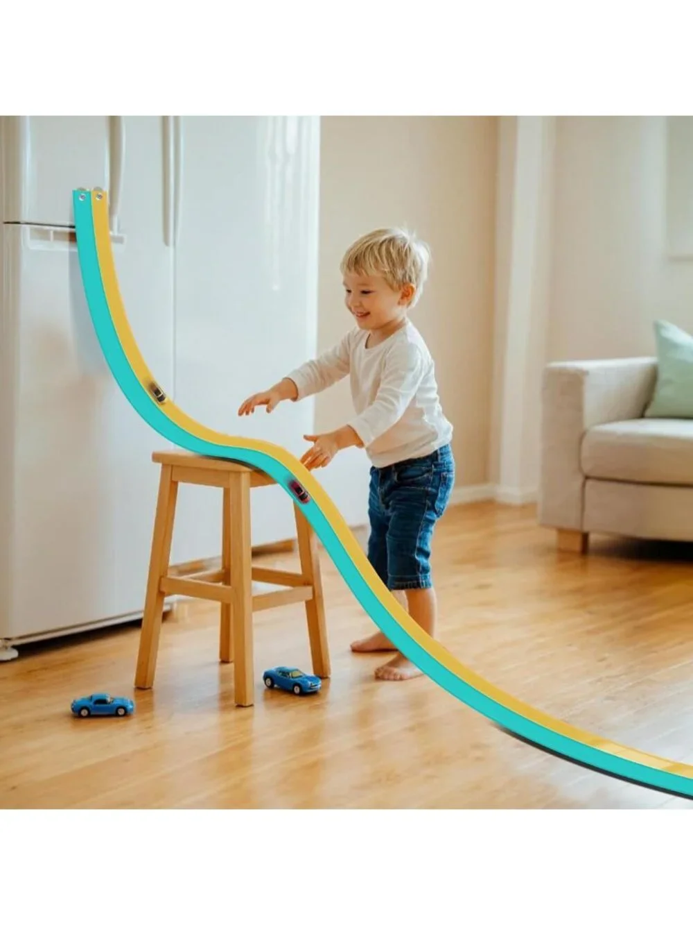 Flexible Race Car Track Set 15 Ft for Kids, Suction Cup Ramp, Compatible with